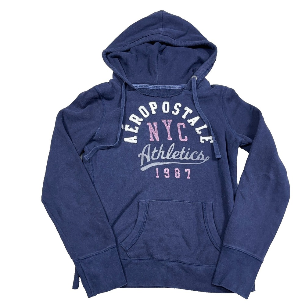 Vintage Y2K Aeropostale Hoodie Women Medium Blue Sweatshirt Spellout 2000s Faded
